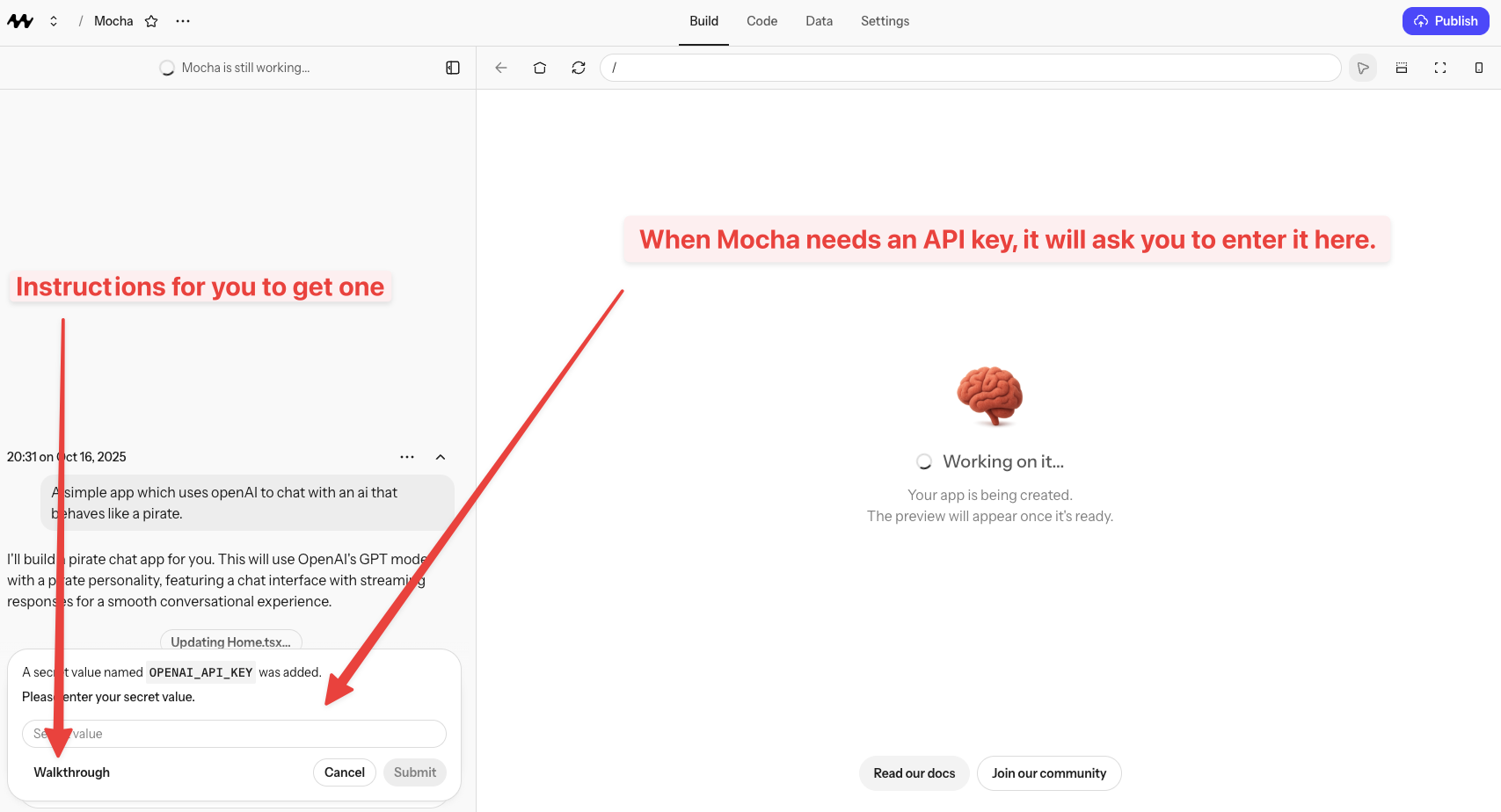 Adding a secret through the chat interface