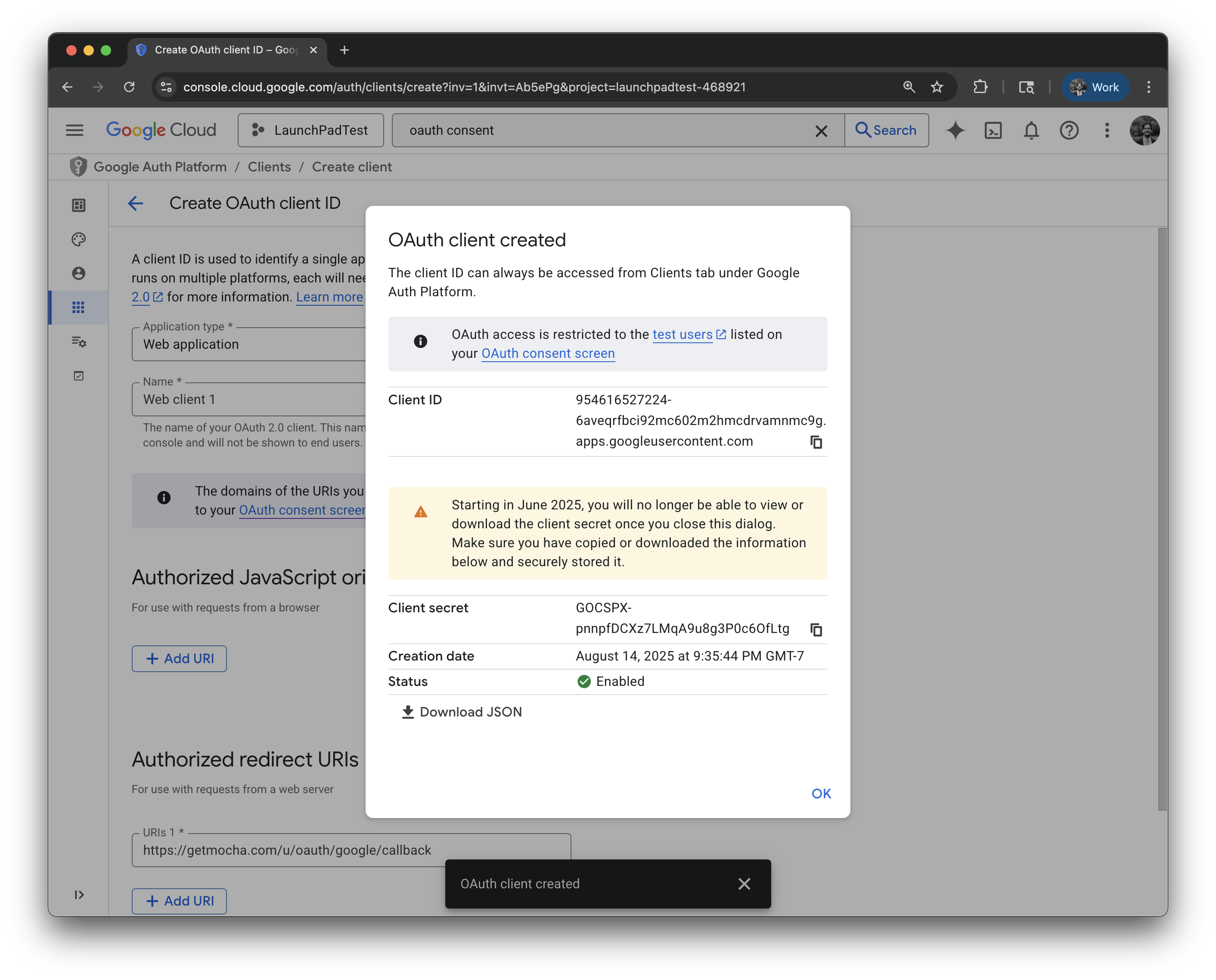 Creating a Google OAuth client