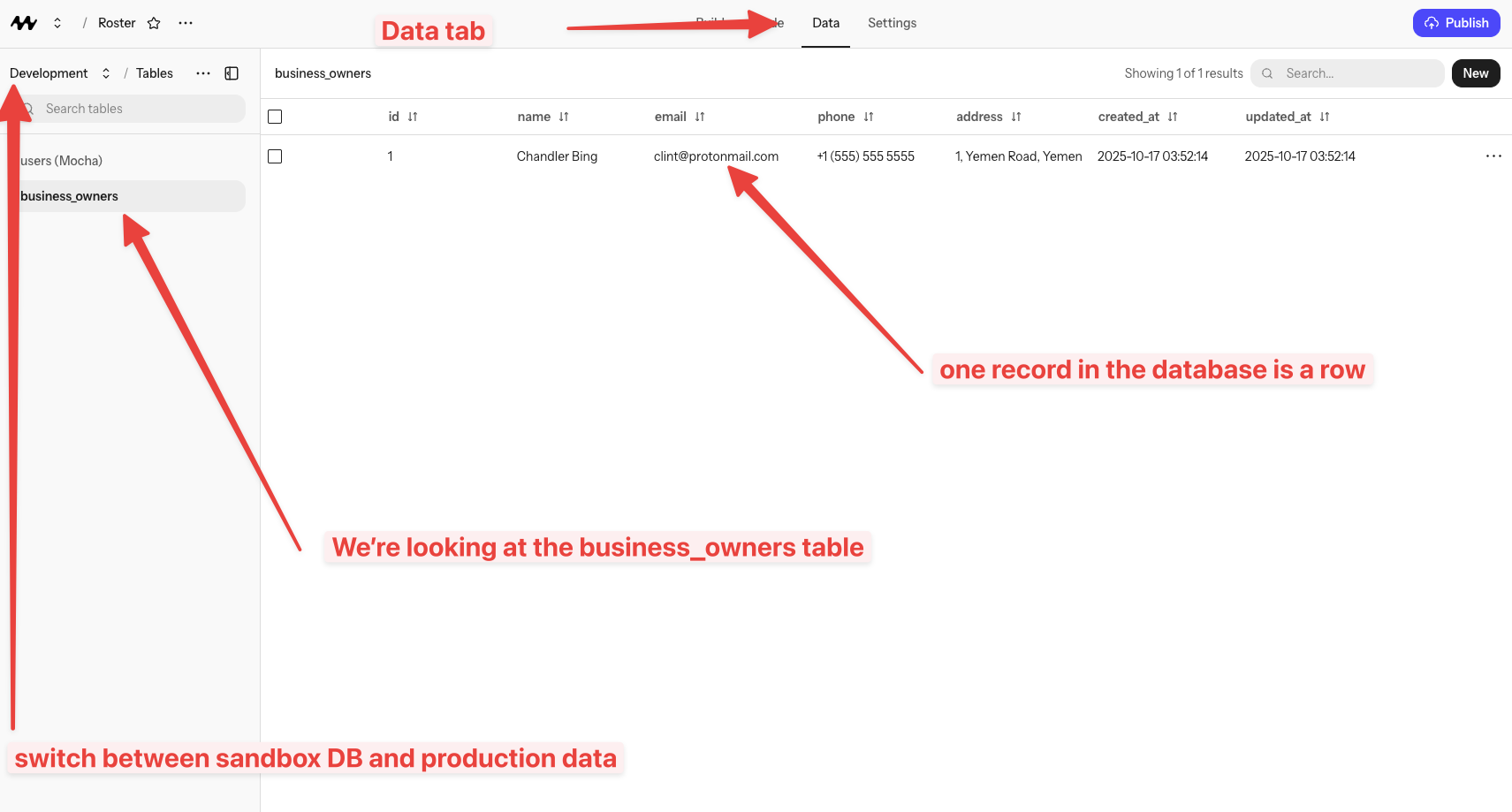 Viewing your database tables and rows