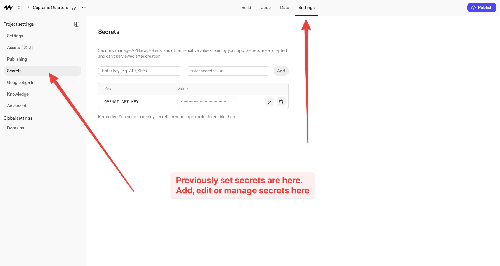 Managing your secrets in the project settings