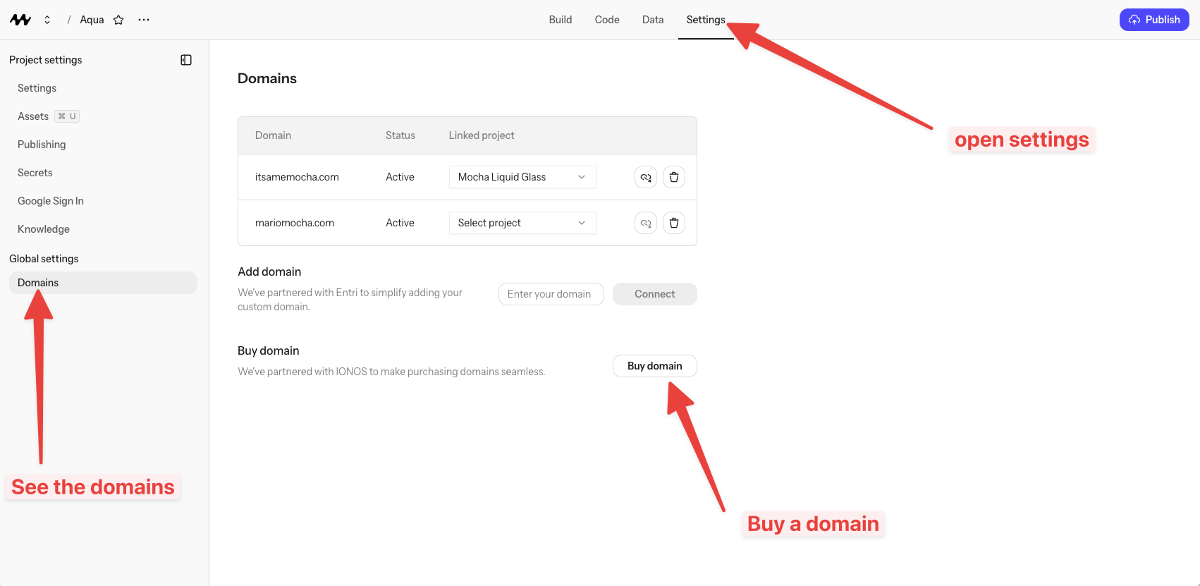 Buy domains in Mocha