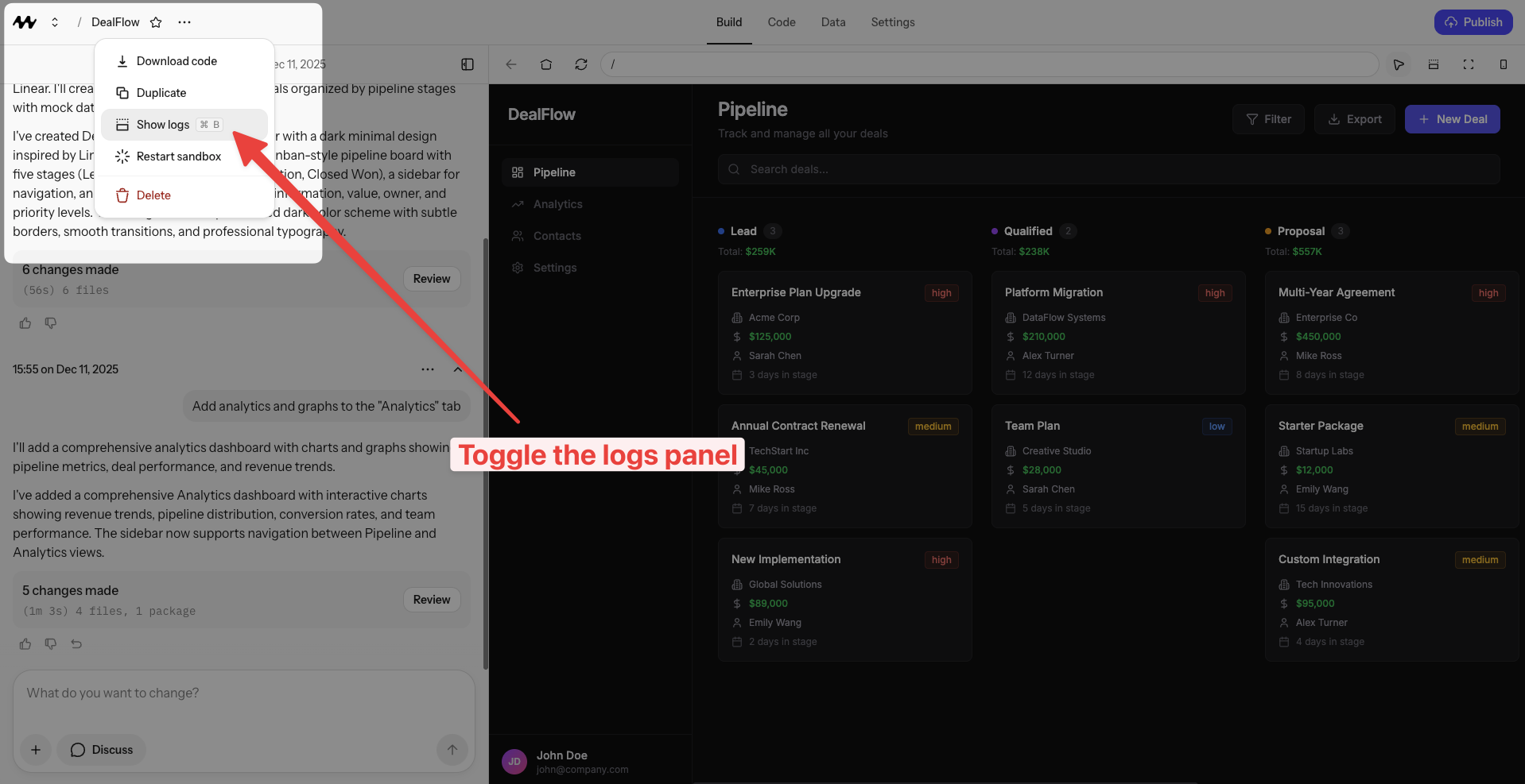 How to open the logs panel