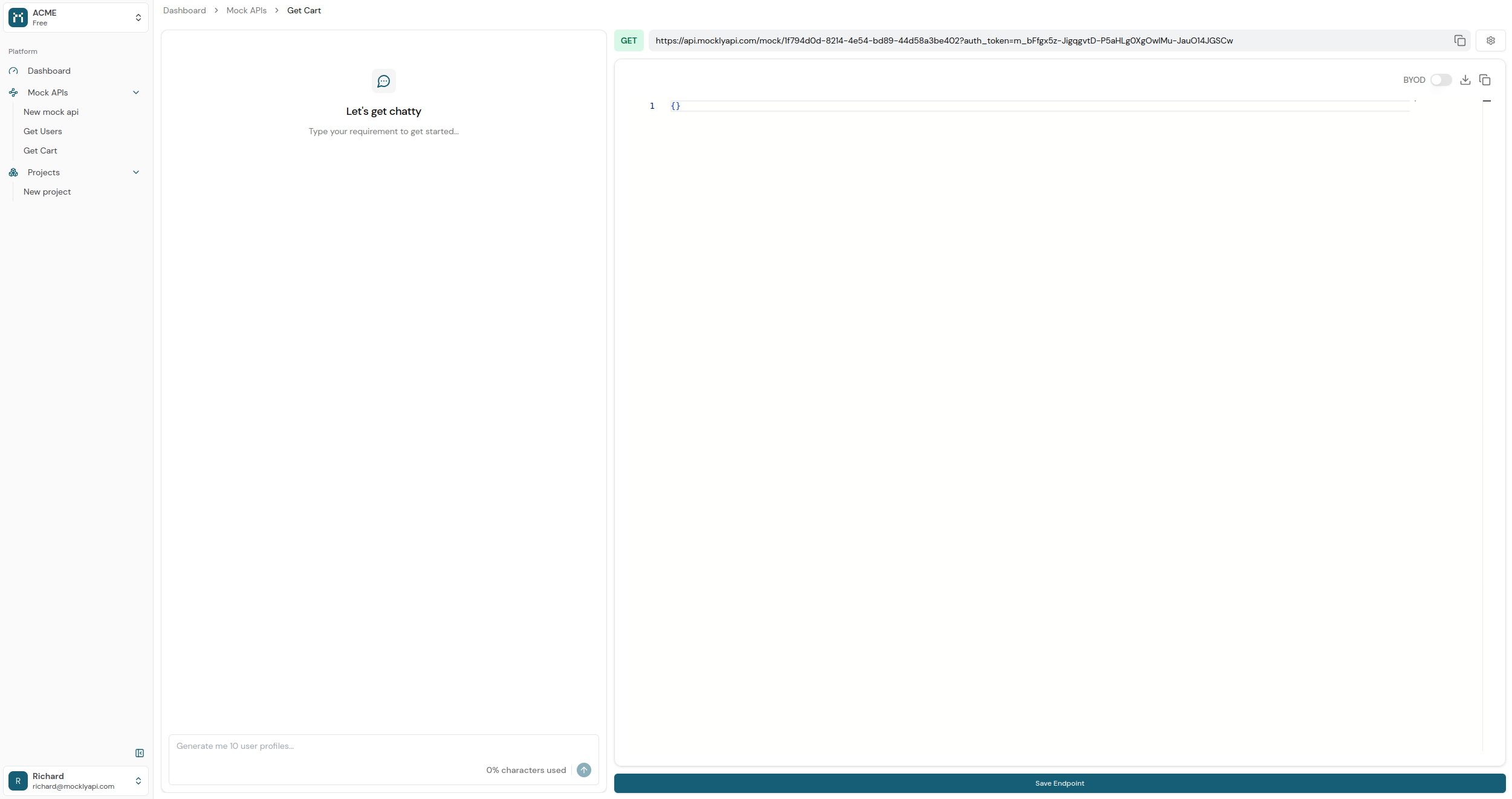 Screenshot of mock API editor page.