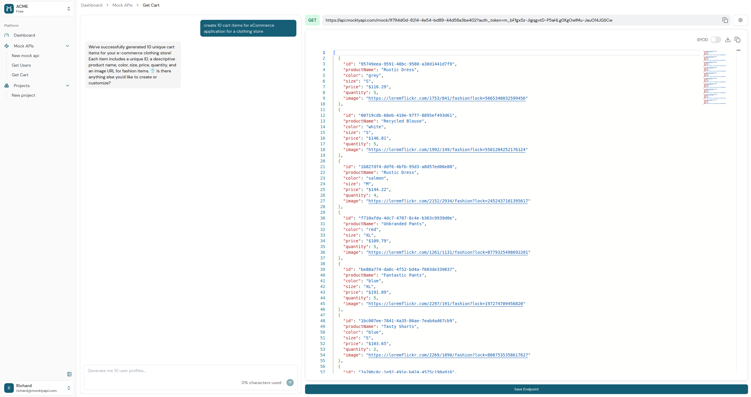 Screenshot of mock API editor page with data.