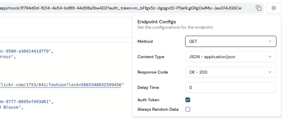 Mock API settings view showing configuration options