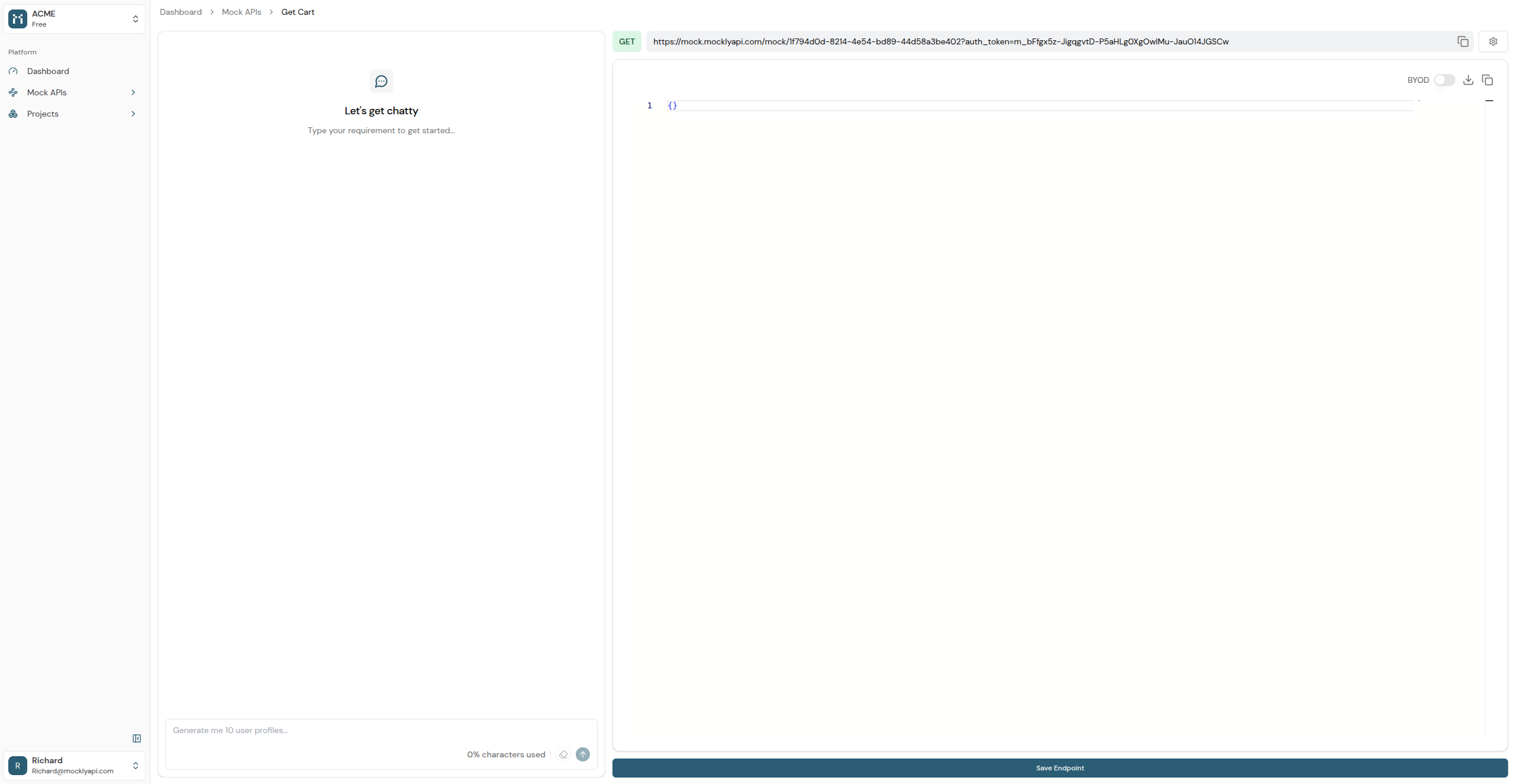Screenshot of mock API editor page.