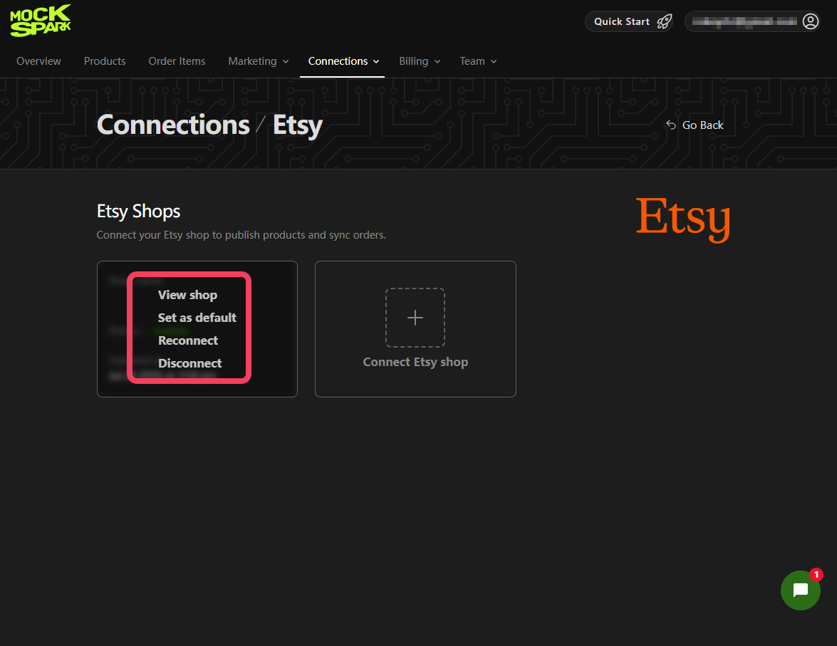 Hovering a shop card reveals View shop, Set as default, Reconnect, and Disconnect
