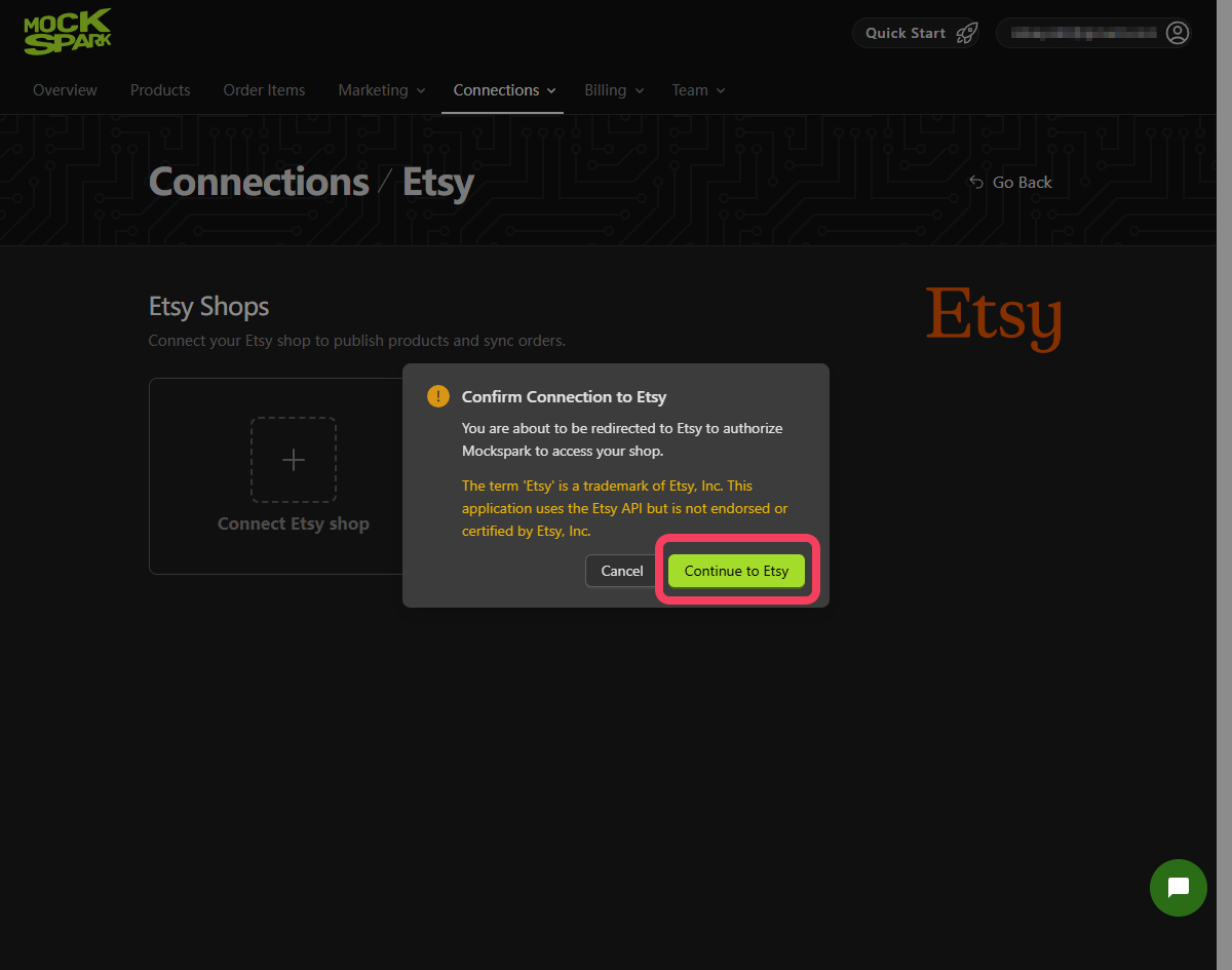 The Confirm Connection to Etsy dialog with the Continue to Etsy button