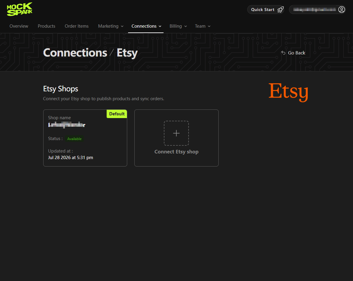 A connected Etsy shop card showing the shop name, a status of Available, and when it was last updated