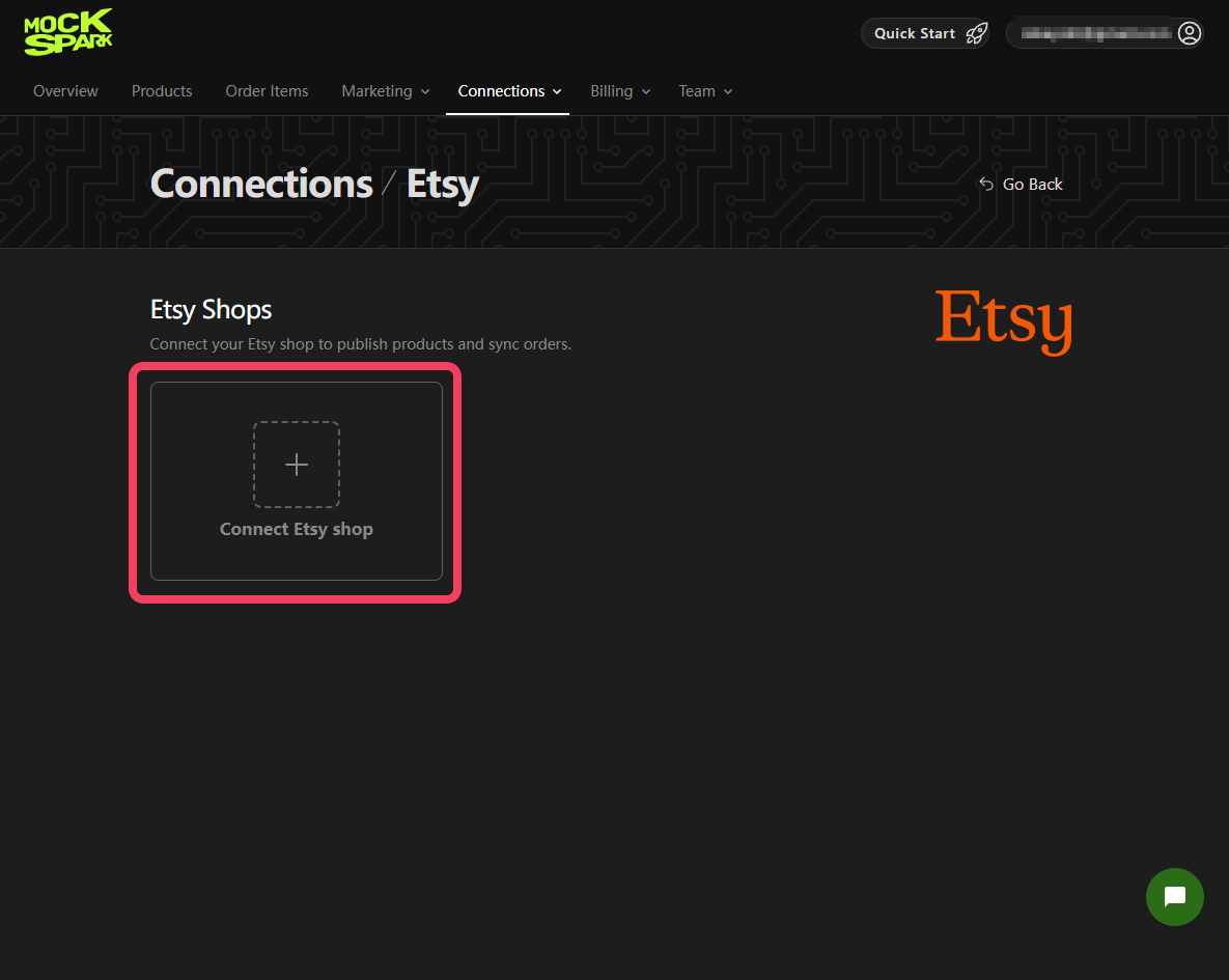 The Etsy Shops page with no shops connected yet, showing only the Connect Etsy shop card
