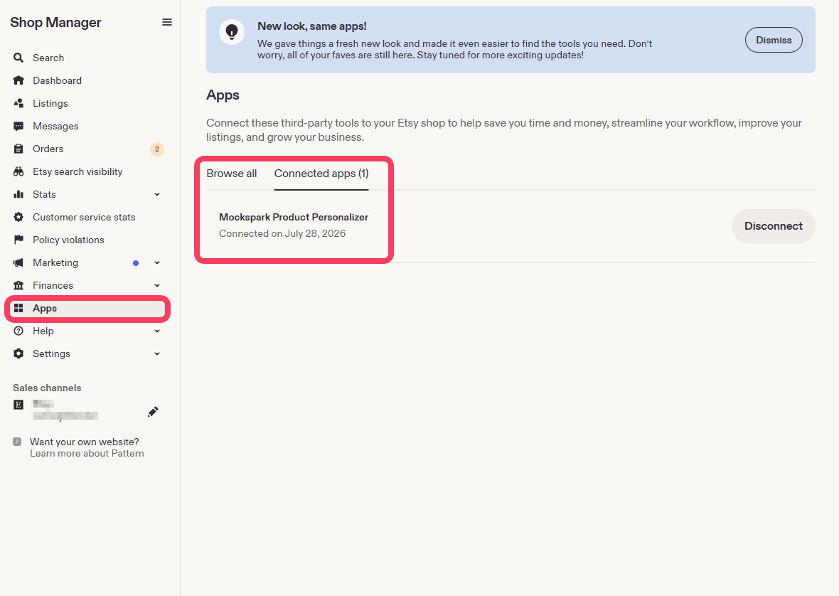 The Connected apps tab in Etsy Shop Manager with a Disconnect button next to Mockspark Product Personalizer