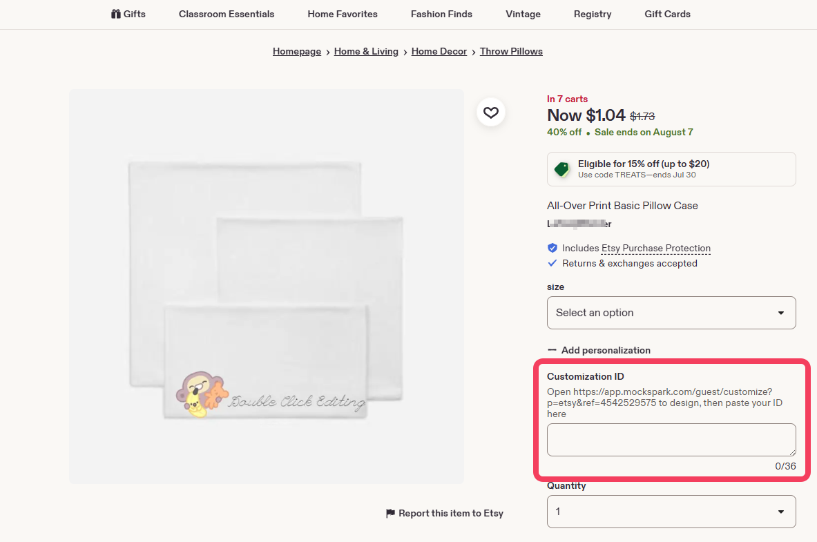 An Etsy listing showing the Customization ID field, its instructions, and the 36 character limit