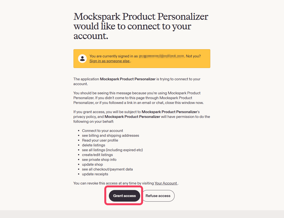 Etsy's authorization page listing the permissions Mockspark requests, with the Grant access button