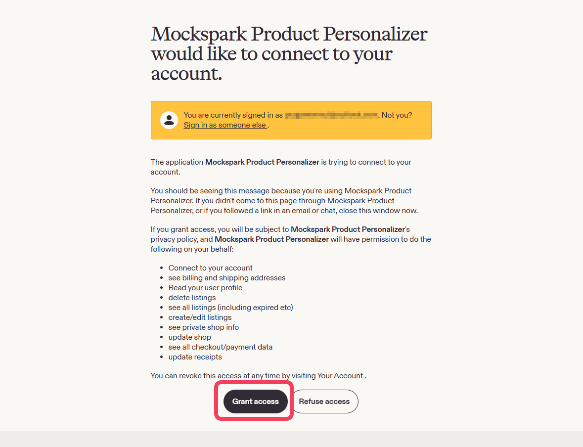 Etsy's authorization page listing the permissions Mockspark requests, with the Grant access button