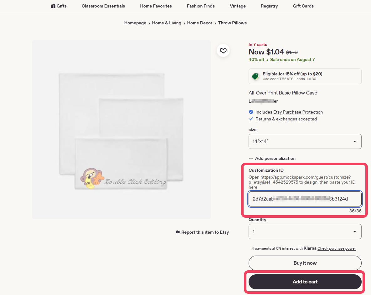 An Etsy listing with a customization ID pasted into the Customization ID field, the counter reading 36 of 36