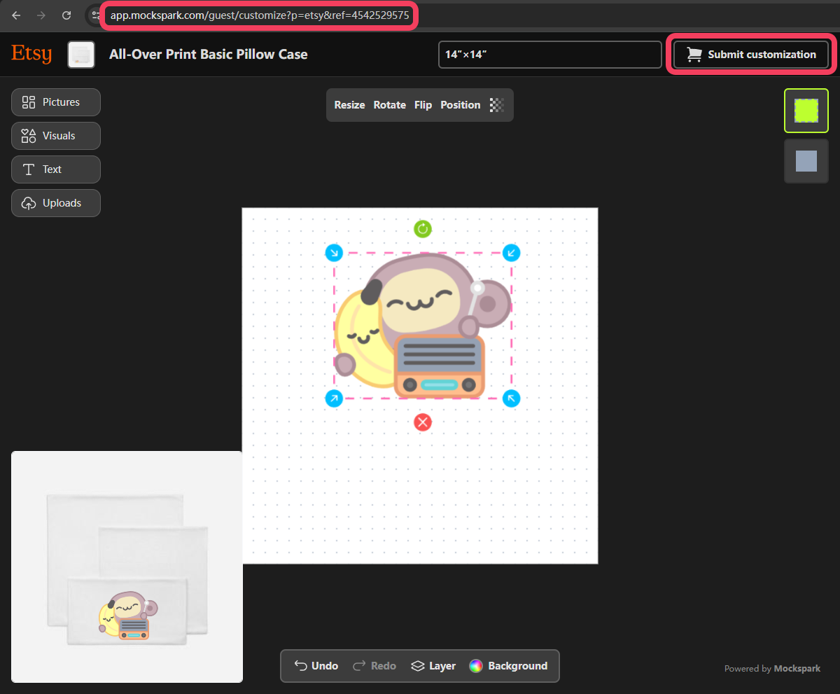 The buyer designer opened from a listing link, with the variant selector and Submit customization button
