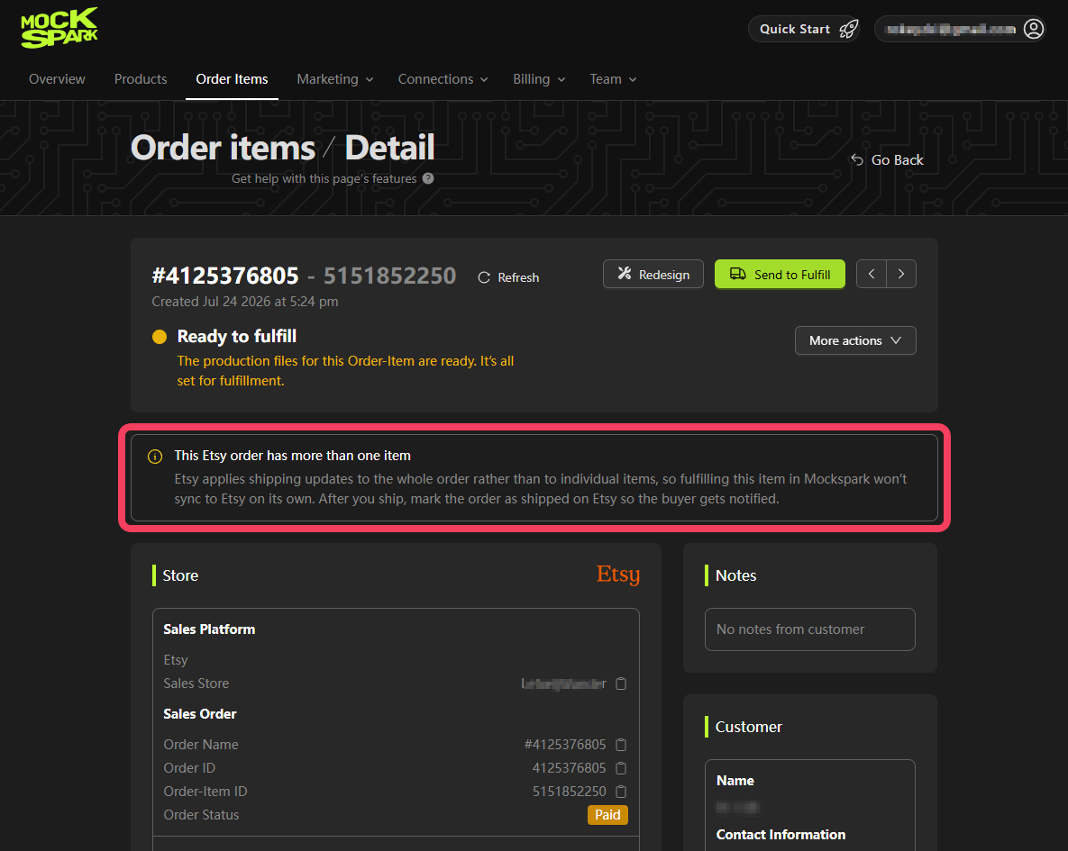 The notice shown on an Etsy order containing more than one item