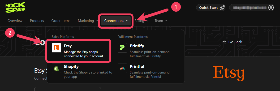 The Connections menu open in Mockspark with Etsy under Sales Platforms