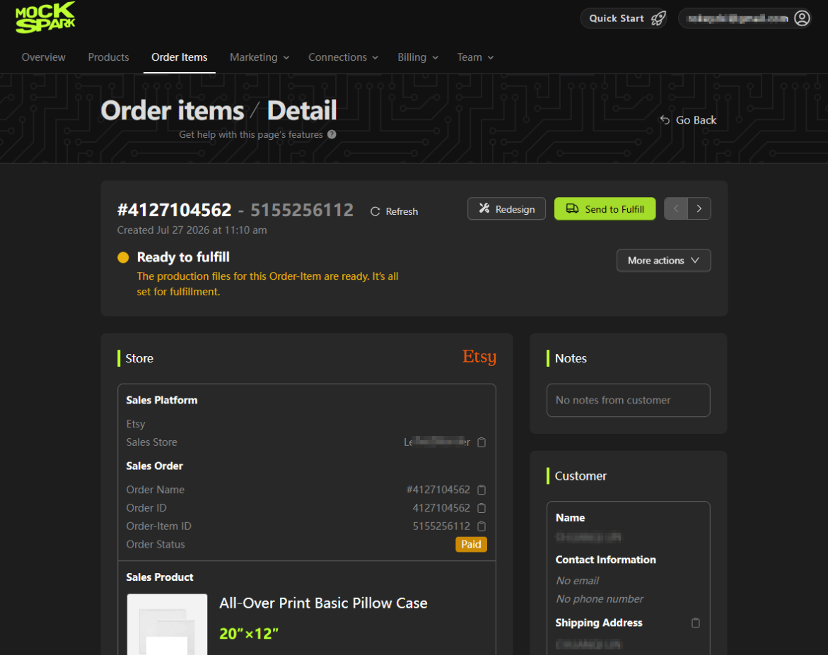 An Etsy order detail page in the Ready to fulfill state, with the Send to Fulfill button