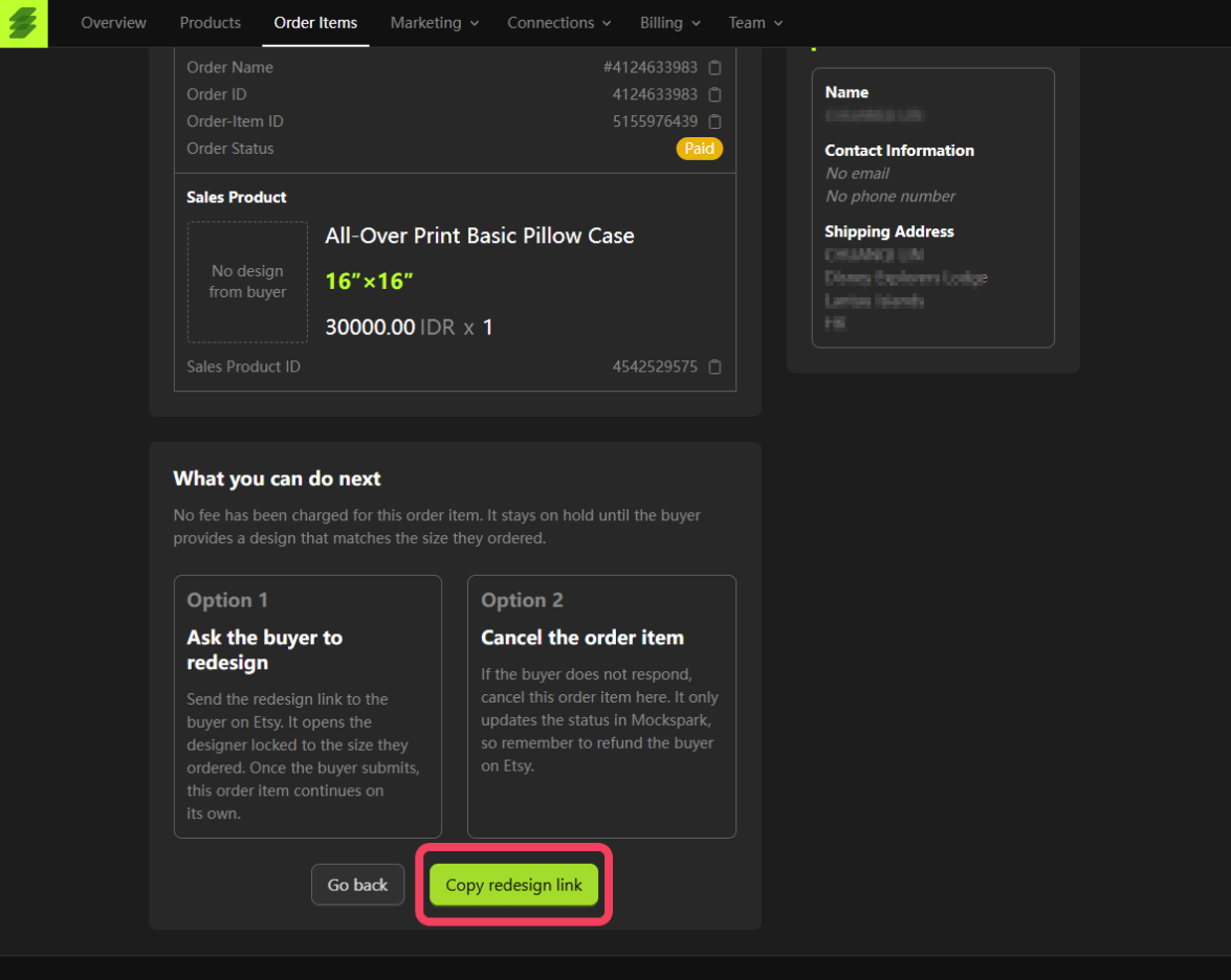The What you can do next panel on a stalled order, with the Copy redesign link button