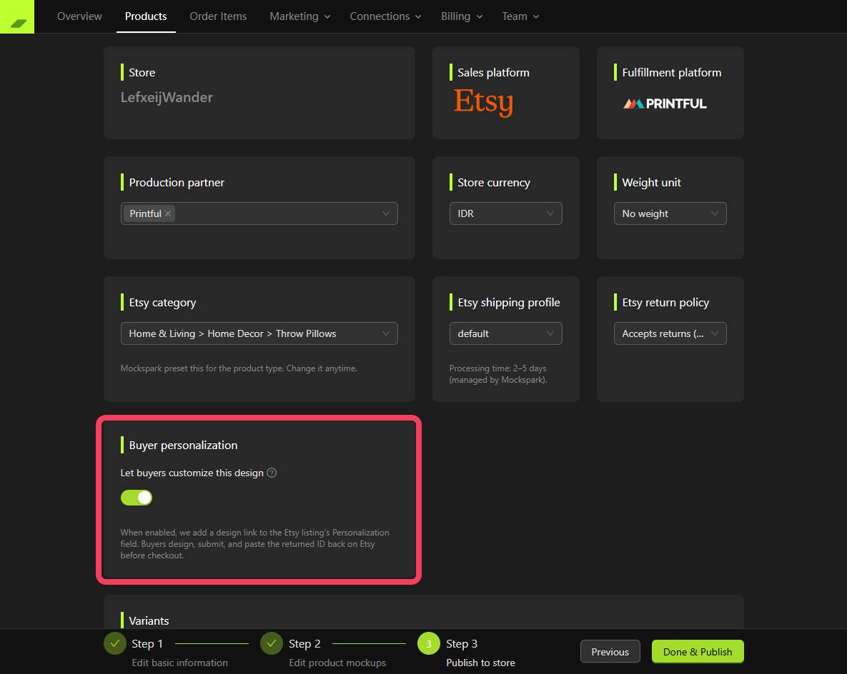Step 3 of the product builder with the Let buyers customize this design switch turned on