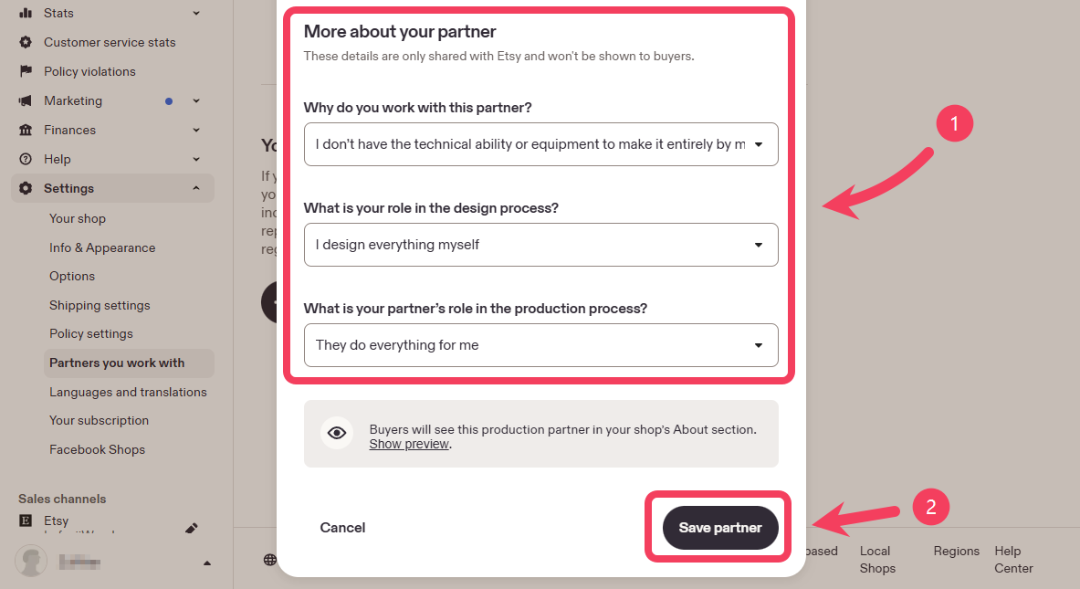 The three More about your partner dropdowns on Etsy, filled in, with the Save partner button below