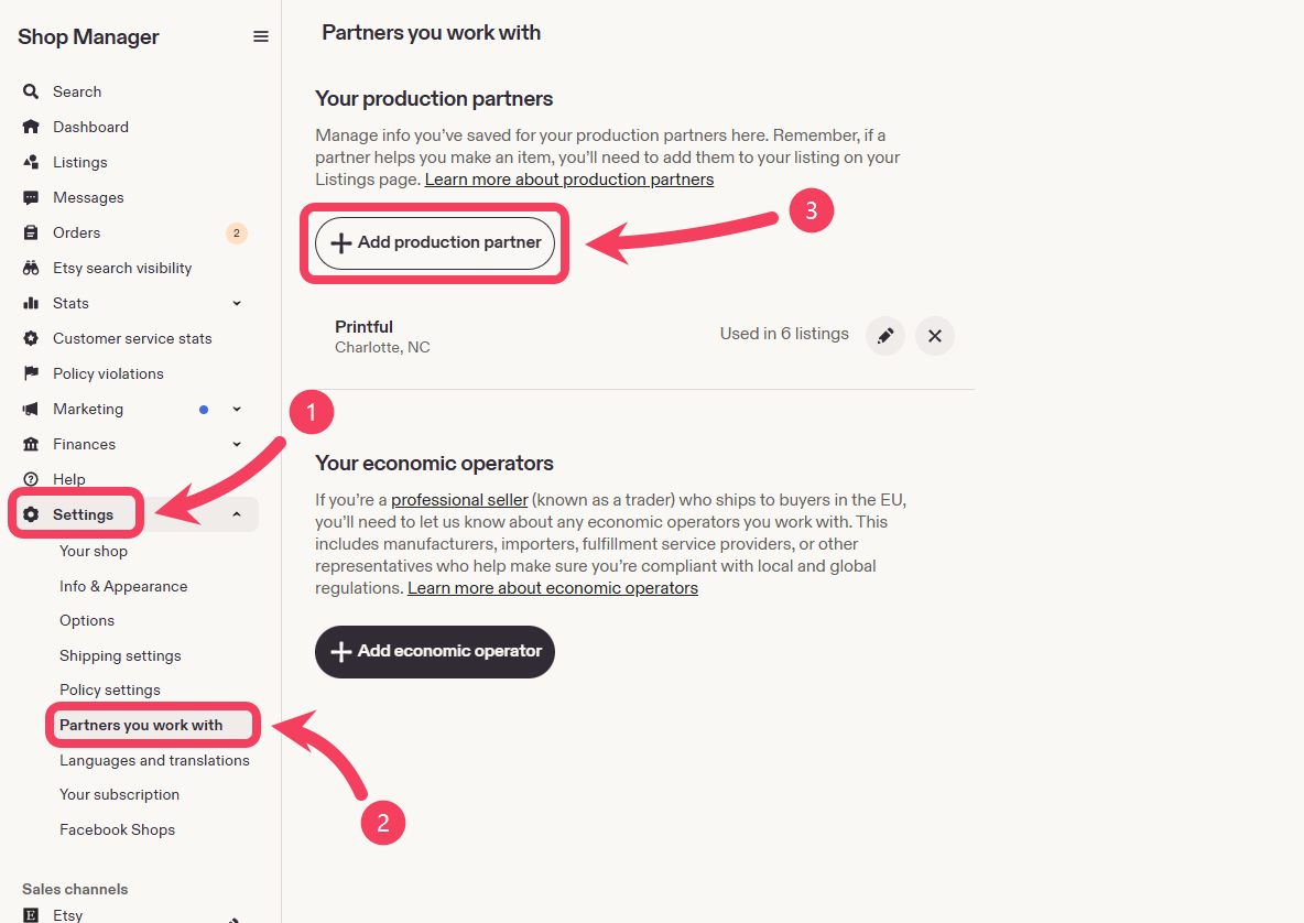 Etsy Shop Manager with Settings expanded, Partners you work with selected, and the Add production partner button