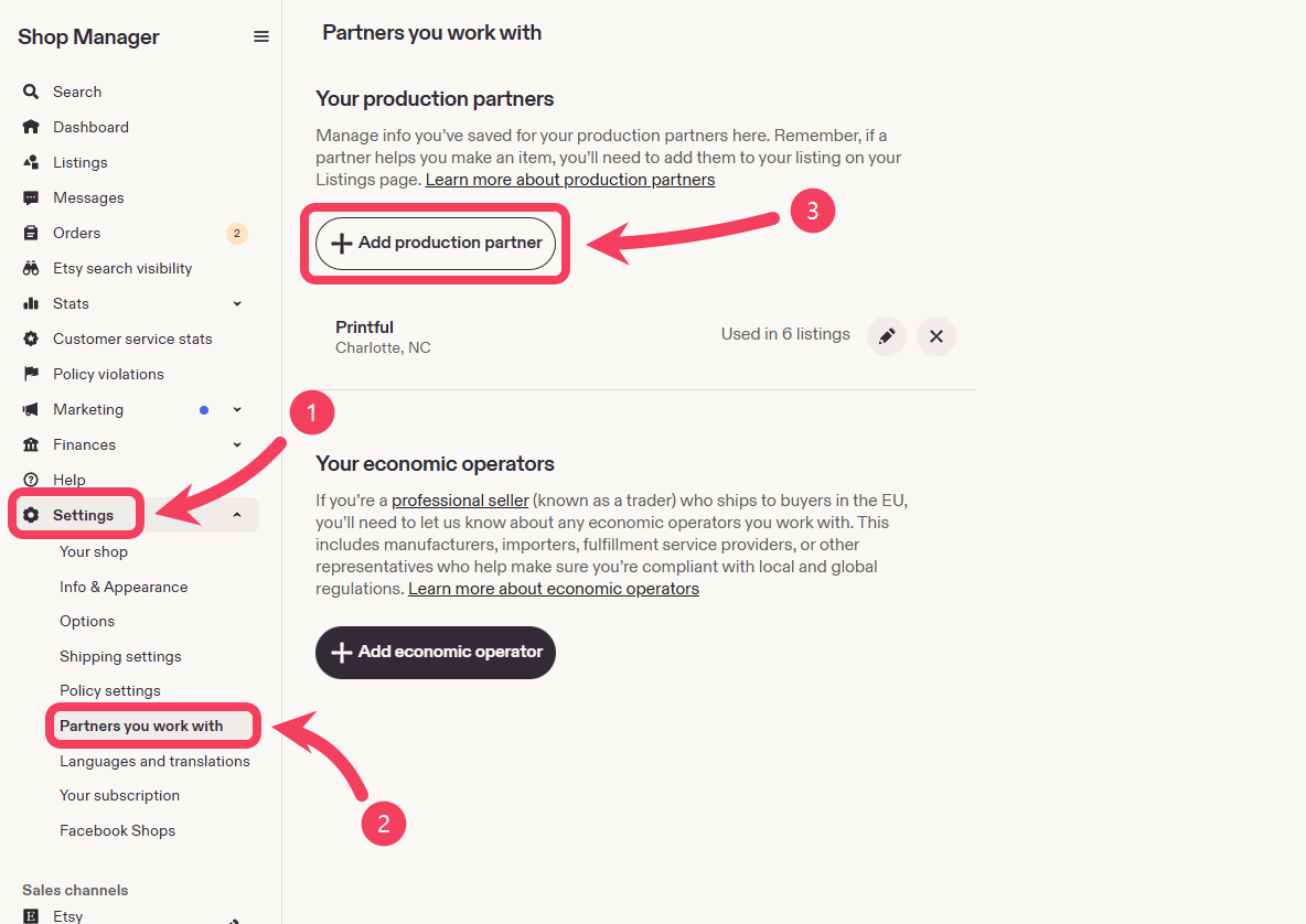 Etsy Shop Manager with Settings expanded, Partners you work with selected, and the Add production partner button