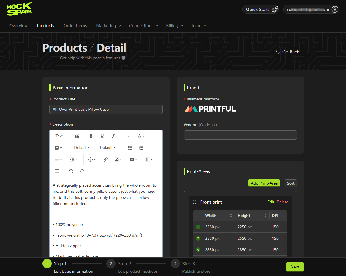 The product builder with its three step progress bar along the bottom of the page