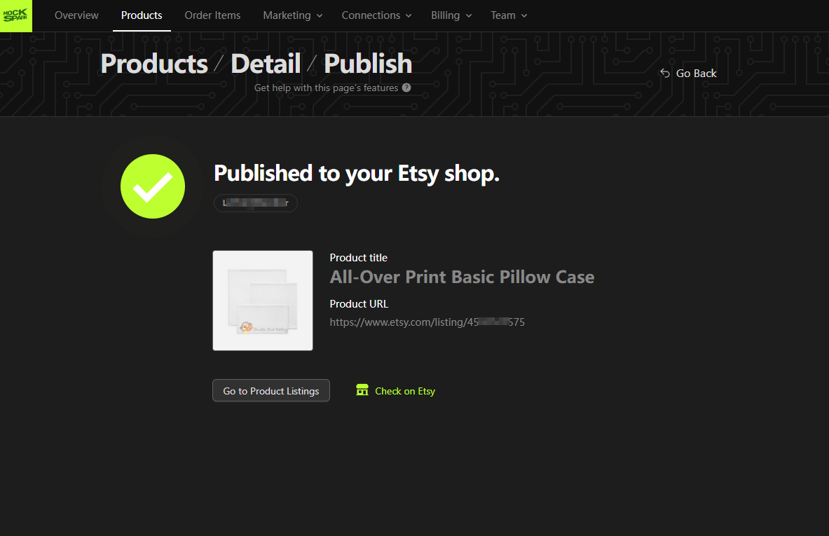 The publish confirmation showing the shop name, product title, listing URL, and a Check on Etsy link