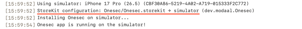 Build log line reading: StoreKit configuration: Onesec/Onesec.storekit → simulator