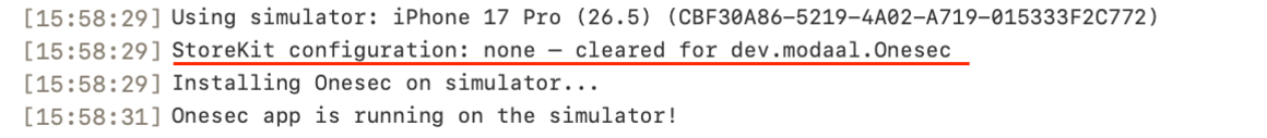 Build log line reading: StoreKit configuration: none — cleared