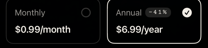 Paywall price row showing $0.99 per month and $6.99 per year