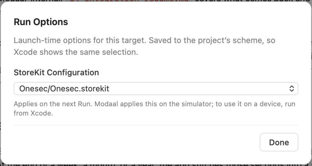 Run Options dialog with a StoreKit Configuration dropdown