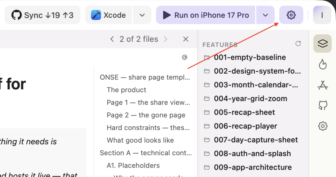Modaal toolbar with the Run Options cogwheel highlighted
