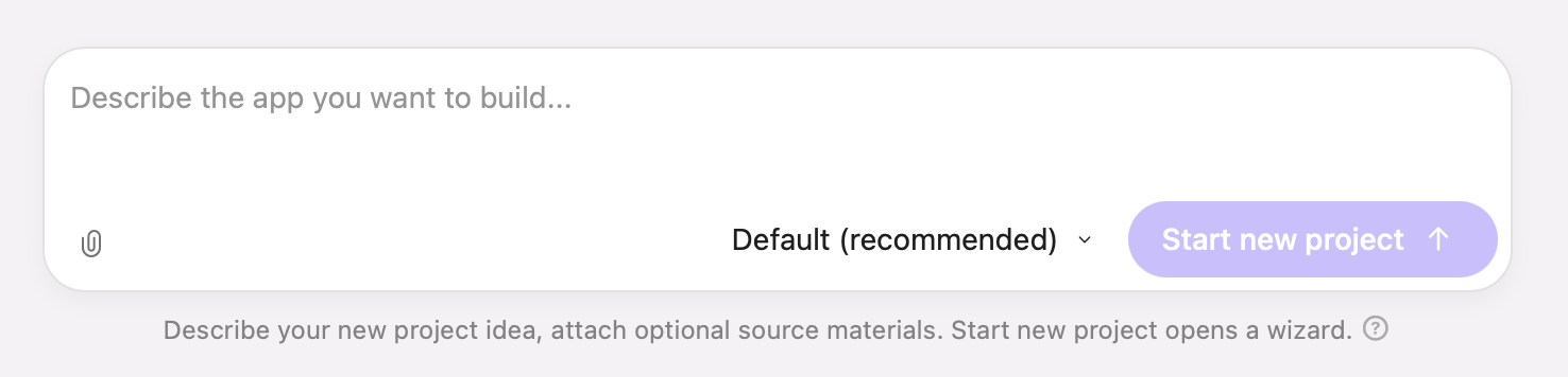 The Modaal home-screen composer: a text field with the placeholder 'Describe the app you want to build…', a paperclip attachment button, a 'Default (recommended)' selector, and the Start new project button