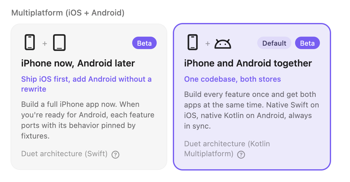 Modaal new-project wizard: the Multiplatform lane with the 'iPhone now, Android later' and 'iPhone and Android together' Duet template cards