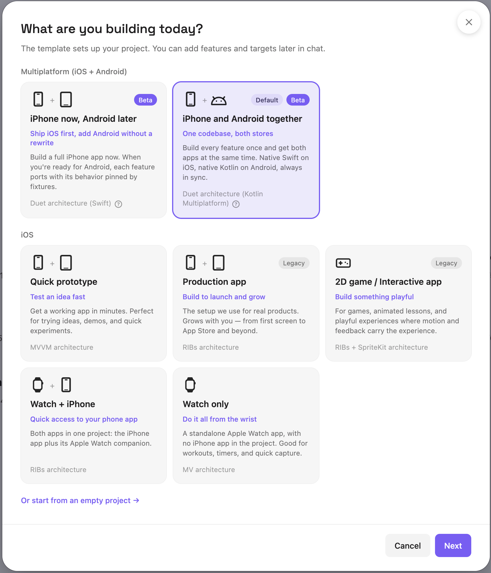 The new-project wizard, step 1: What are you building today? — the Multiplatform lane with the two Duet cards above, the iOS lane with Quick prototype, Production app, 2D game, Watch + iPhone and Watch only below