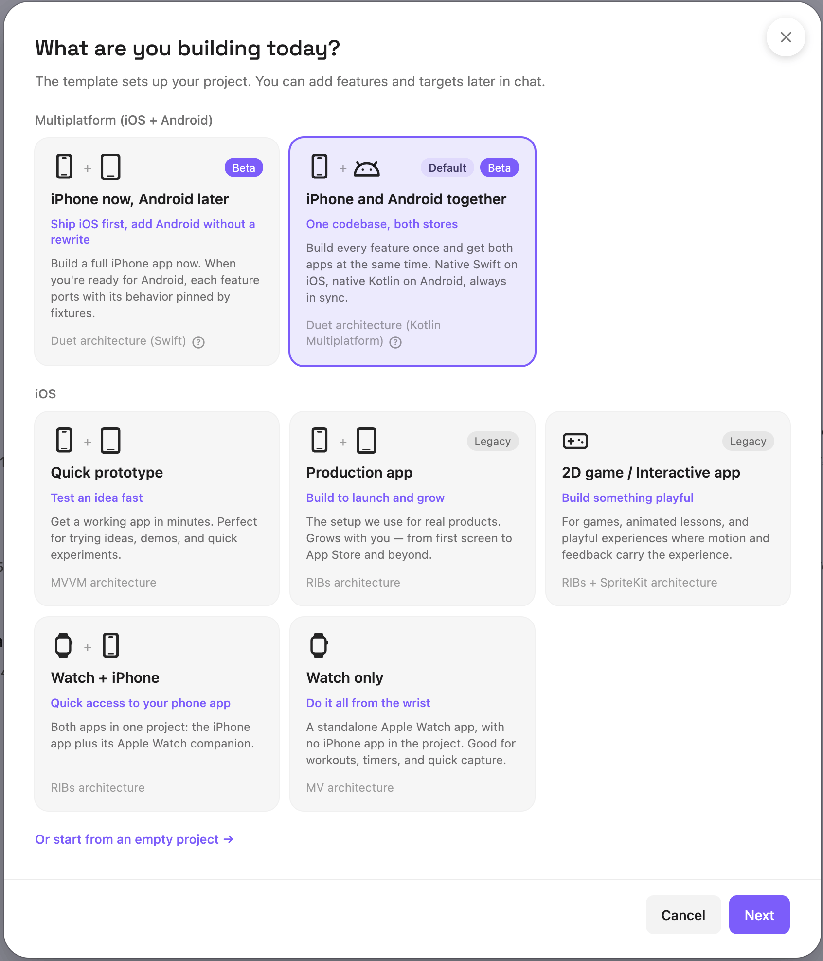 The new-project wizard, step 1: What are you building today? — the Multiplatform lane with the two Duet cards above, the iOS lane with Quick prototype, Production app, 2D game, Watch + iPhone and Watch only below