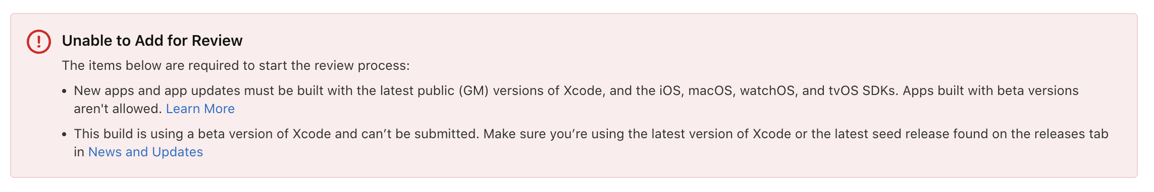 App Store Connect error Unable to Add for Review: new apps and app updates must be built with the latest public (GM) versions of Xcode and the SDKs, and apps built with beta versions aren't allowed