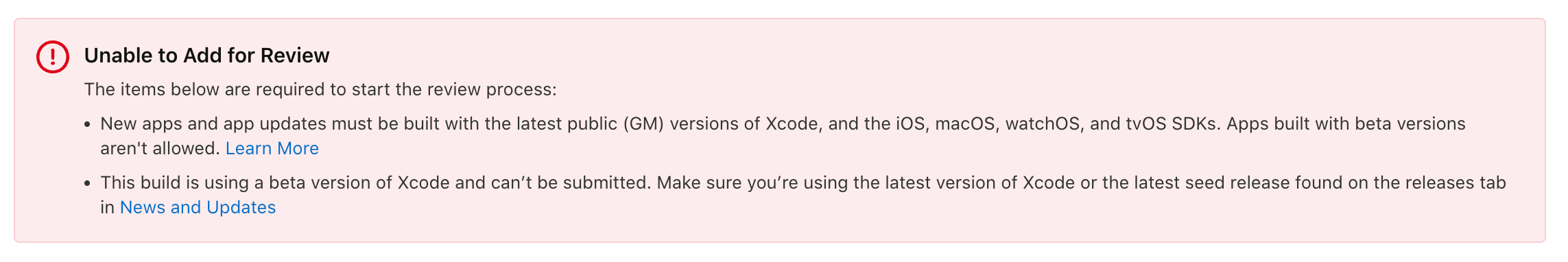App Store Connect error Unable to Add for Review: new apps and app updates must be built with the latest public (GM) versions of Xcode and the SDKs, and apps built with beta versions aren't allowed
