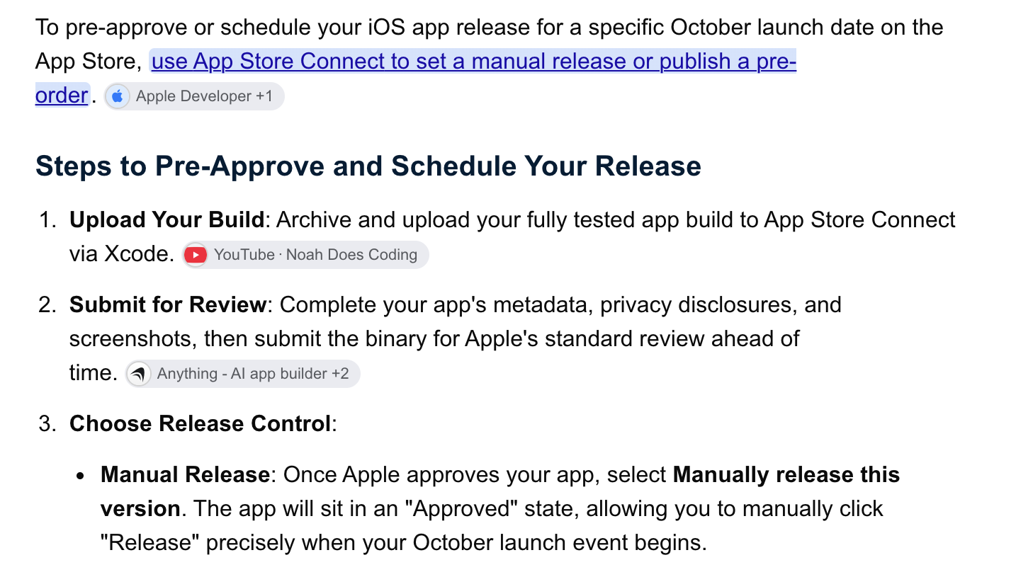 Search result listing three steps to pre-approve an App Store release: upload your build, submit for review, choose manual release