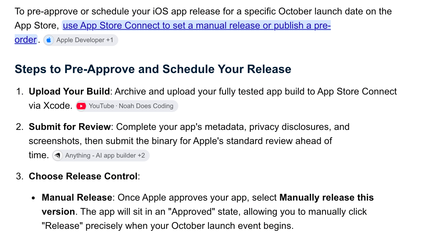 Search result listing three steps to pre-approve an App Store release: upload your build, submit for review, choose manual release