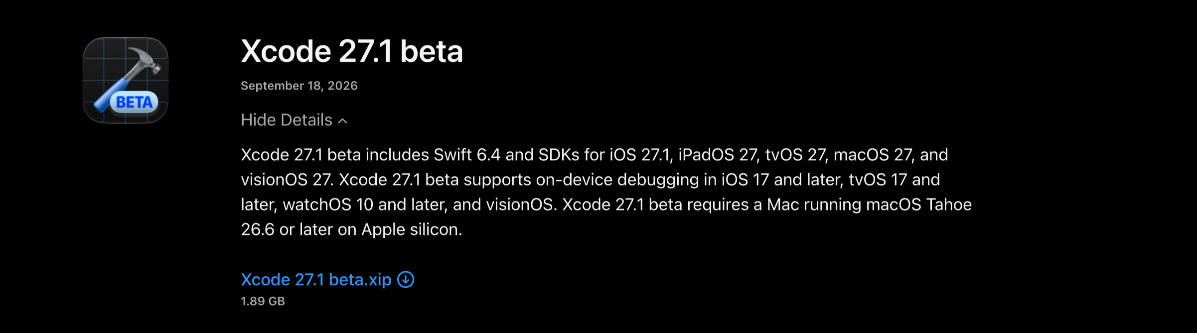 Apple Developer download entry for Xcode 27.1 beta, dated September 18, 2026, 1.89 GB