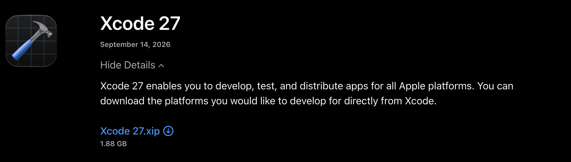 Apple Developer download entry for Xcode 27, dated September 14, 2026, 1.88 GB