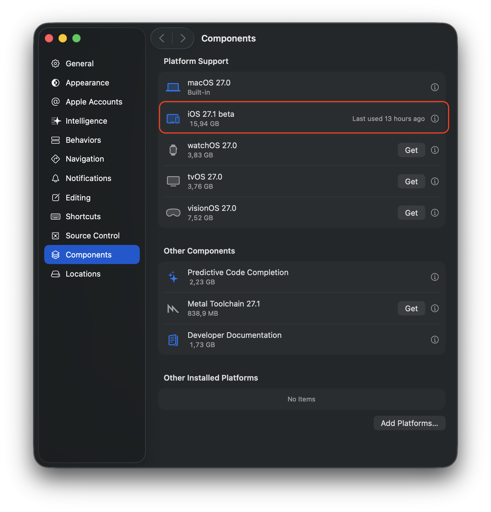 Xcode 27.1 beta Components settings with the iOS 27.1 beta platform highlighted, 15.94 GB