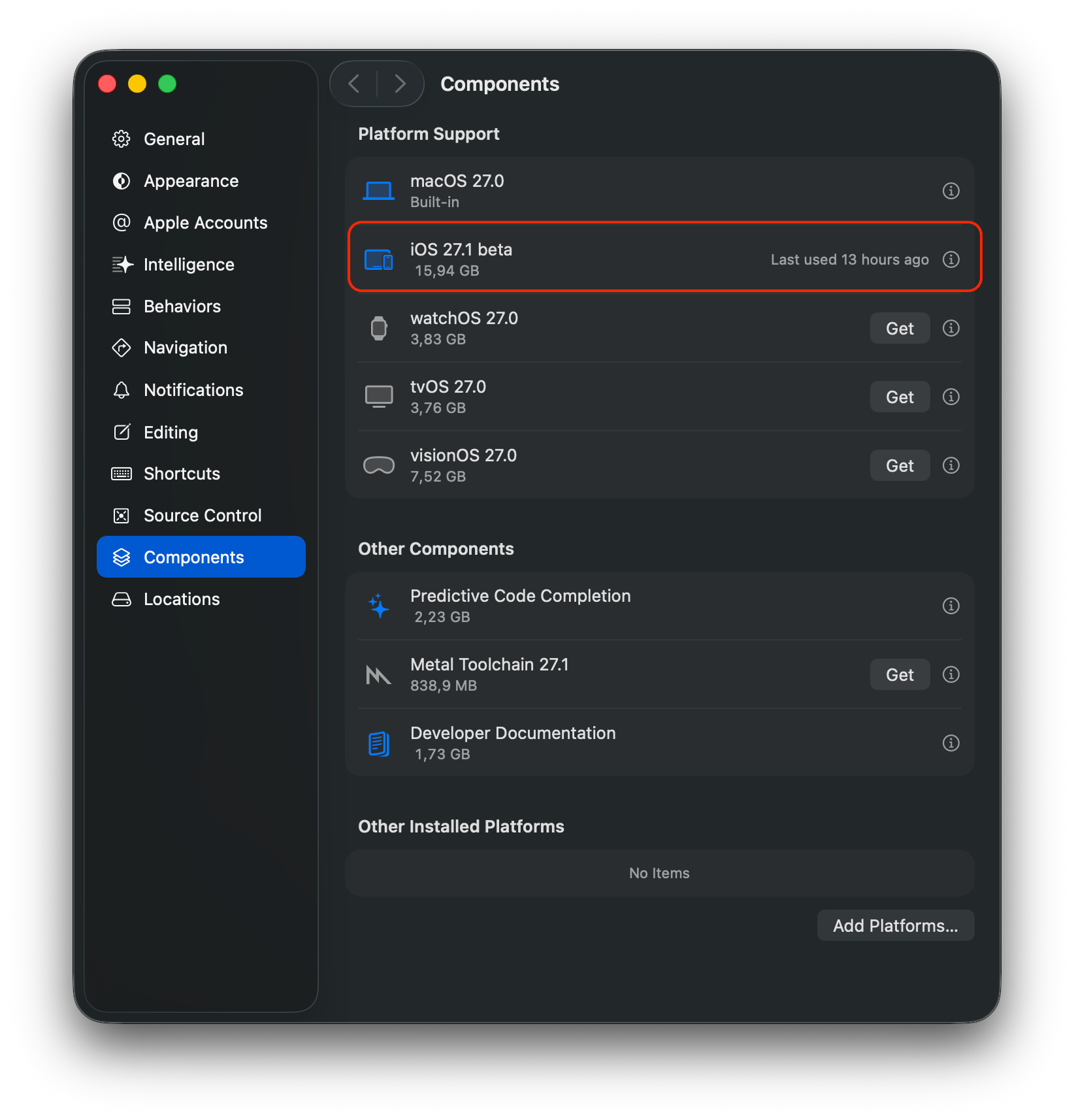 Xcode 27.1 beta Components settings with the iOS 27.1 beta platform highlighted, 15.94 GB