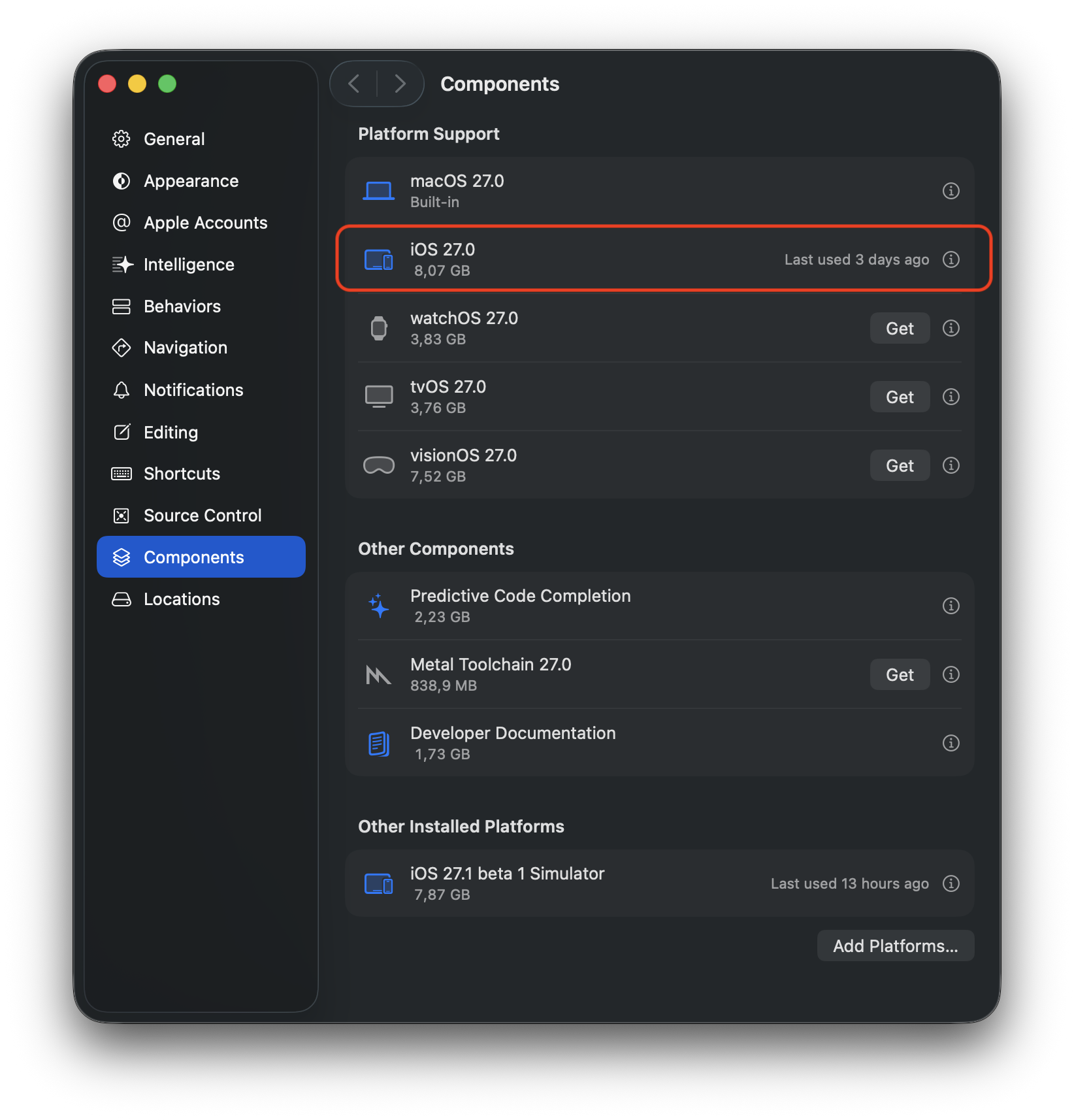 Xcode 27.0 Components settings with the iOS 27.0 platform highlighted and iOS 27.1 beta 1 Simulator under Other Installed Platforms