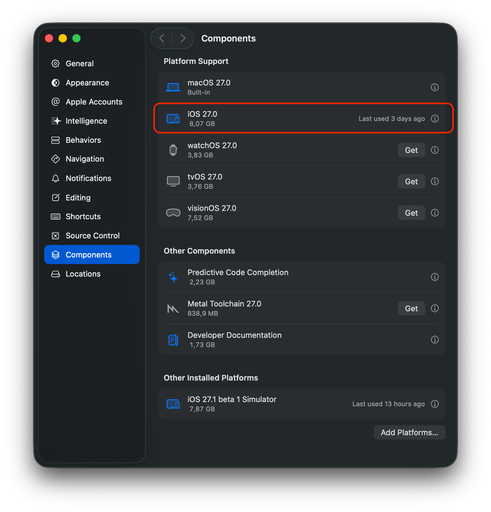 Xcode 27.0 Components settings with the iOS 27.0 platform highlighted and iOS 27.1 beta 1 Simulator under Other Installed Platforms
