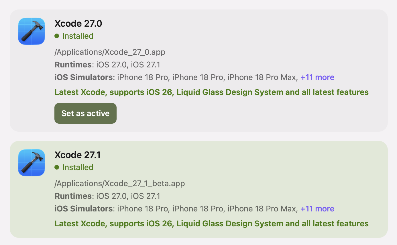 Modaal Set up Xcode panel with Xcode 27.1 at /Applications/Xcode_27_1_beta.app active and a Set as active button on Xcode 27.0
